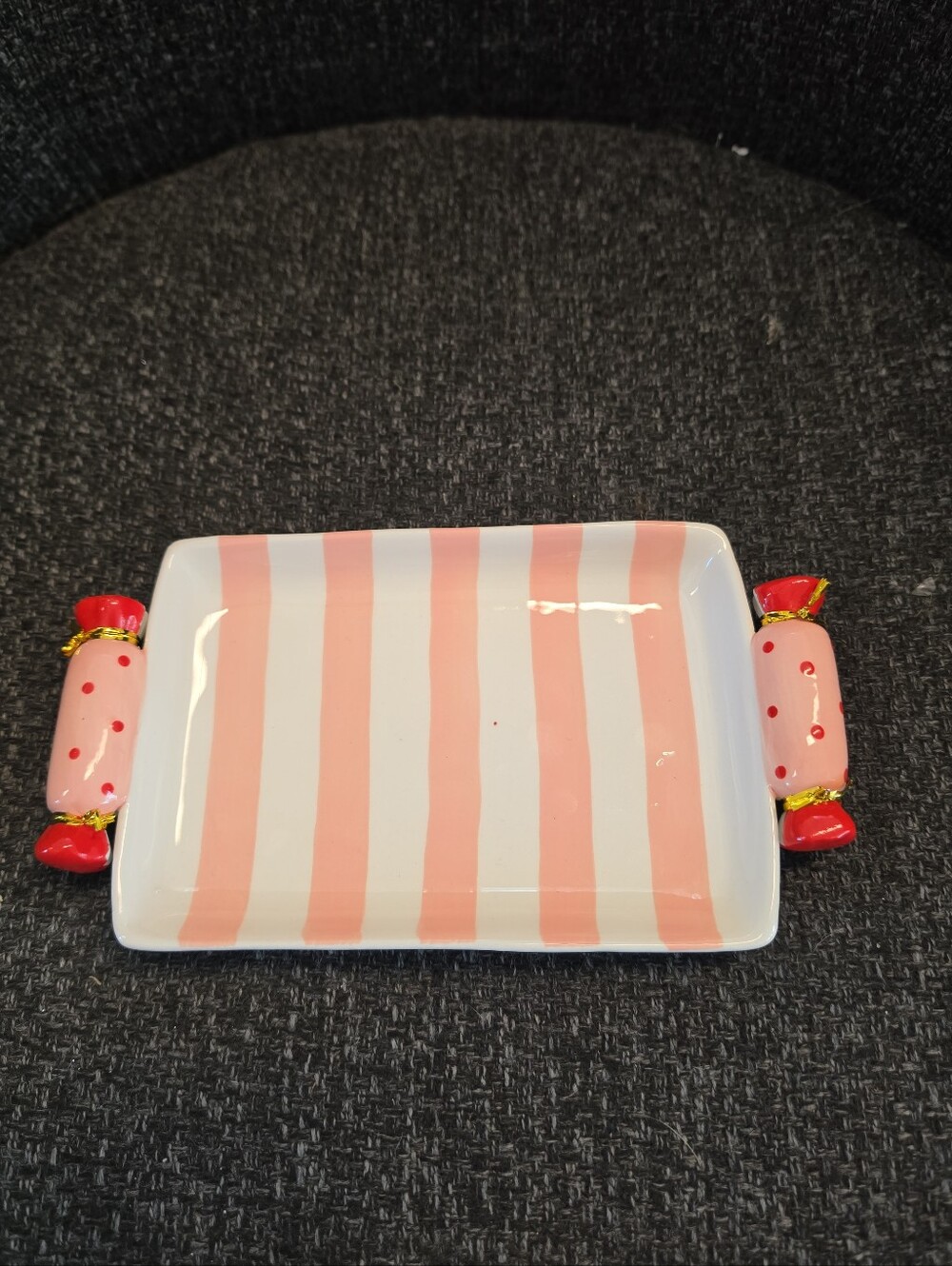 New Sleigh Bell Bistro Christmas Trinket Dish Candy Handles Striped Pink Red